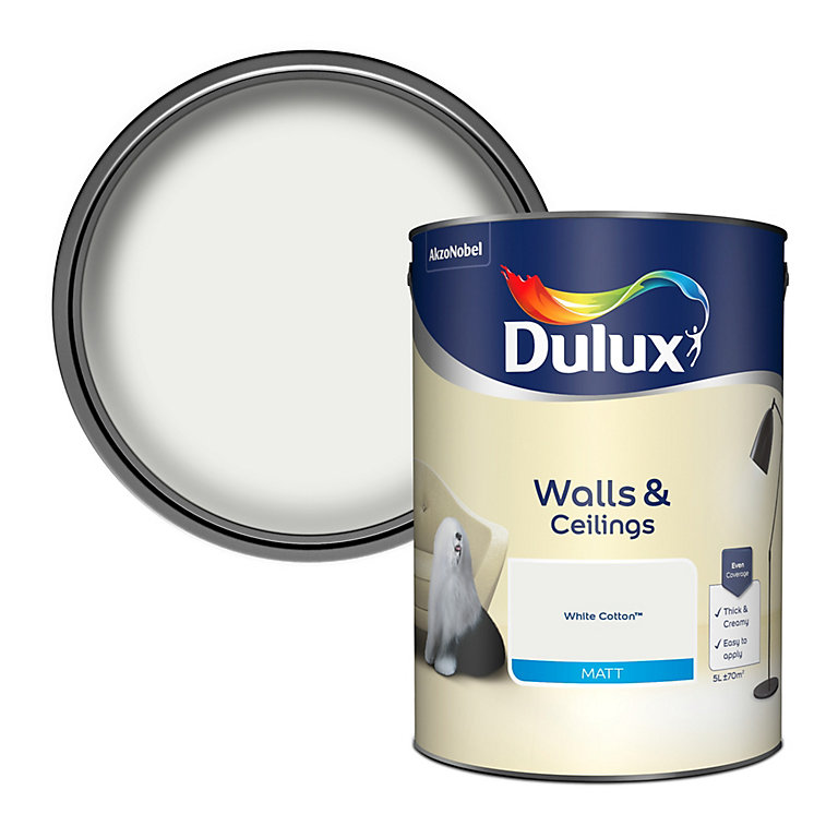 Product image for Dulux Walls & ceilings White cotton Matt Emulsion paint, 5L