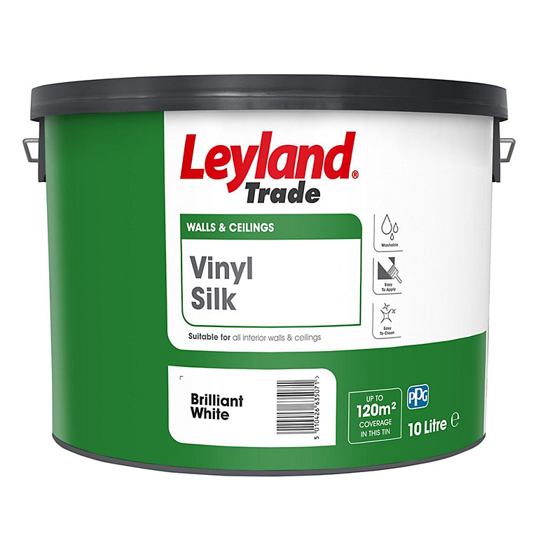 Product image for Leyland Trade White Vinyl silk Emulsion paint, 10L