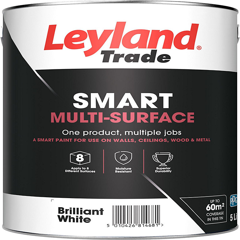 Image of Leyland Trade Smart Brilliant white Mid sheen Multi-surface paint, 5L