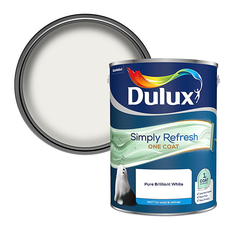 Image of Dulux One coat Pure brilliant white Matt Emulsion paint, 5L