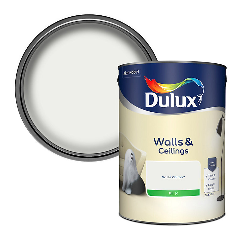 Product image for Dulux Walls & ceilings White cotton Silk Emulsion paint, 5L