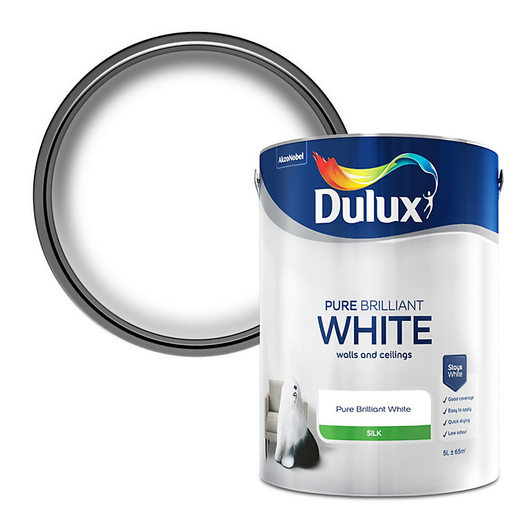 Image of Dulux Pure brilliant white Silk Emulsion paint, 5L