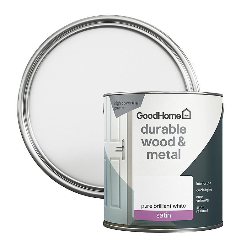 GoodHome Durable Pure Brilliant White Satinwood Metal & wood paint, 2.5L | Compare The Build