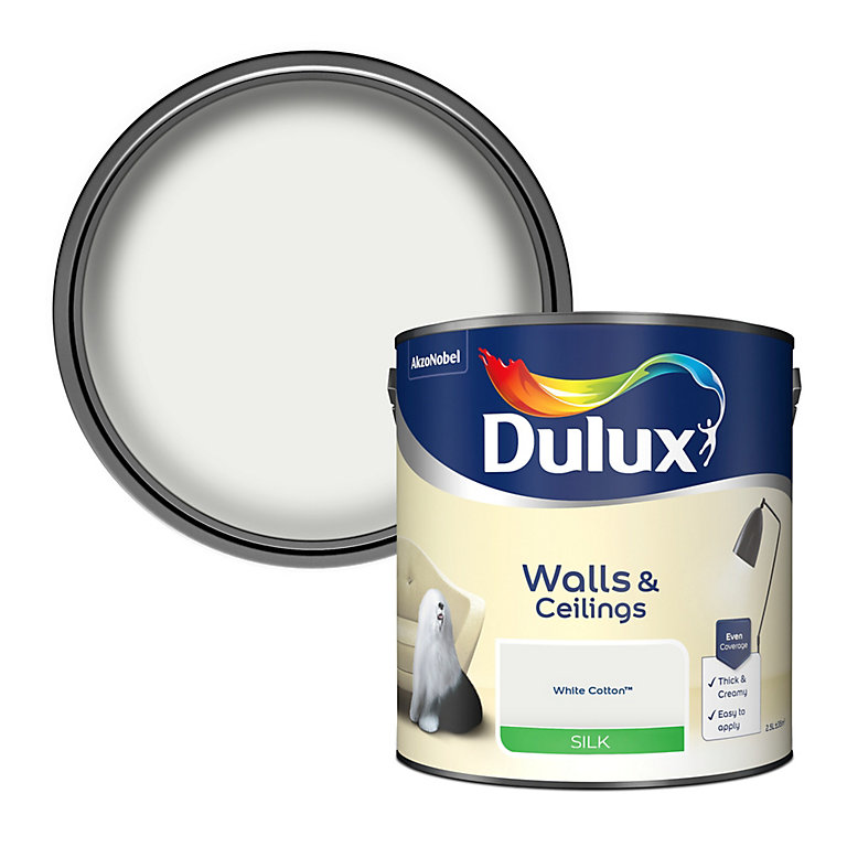 Product image for Dulux Walls & ceilings White cotton Silk Emulsion paint, 2.5L