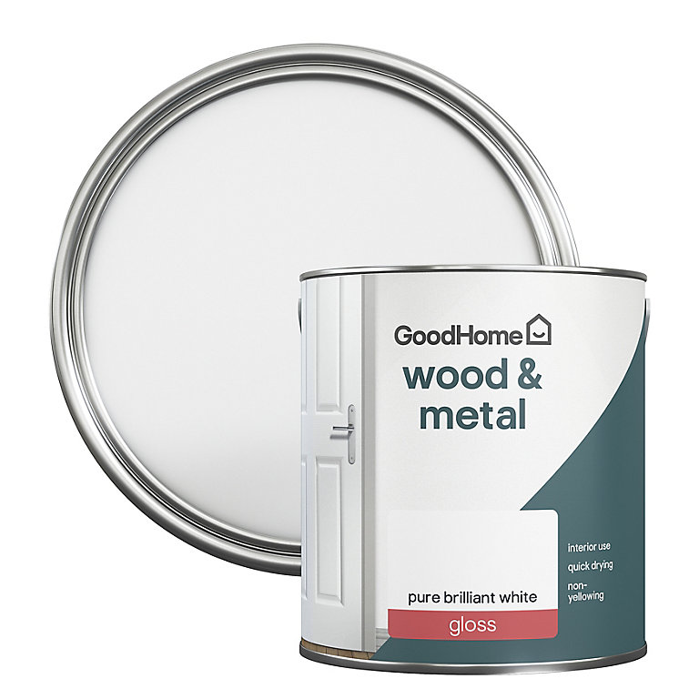 Image of GoodHome Pure Brilliant White Gloss Metal & wood paint, 2.5L