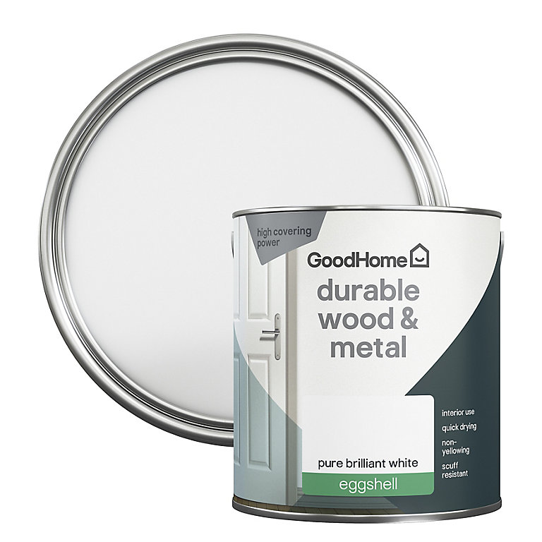 Product image for GoodHome Durable Pure Brilliant White Eggshell Metal & wood paint, 2.5L