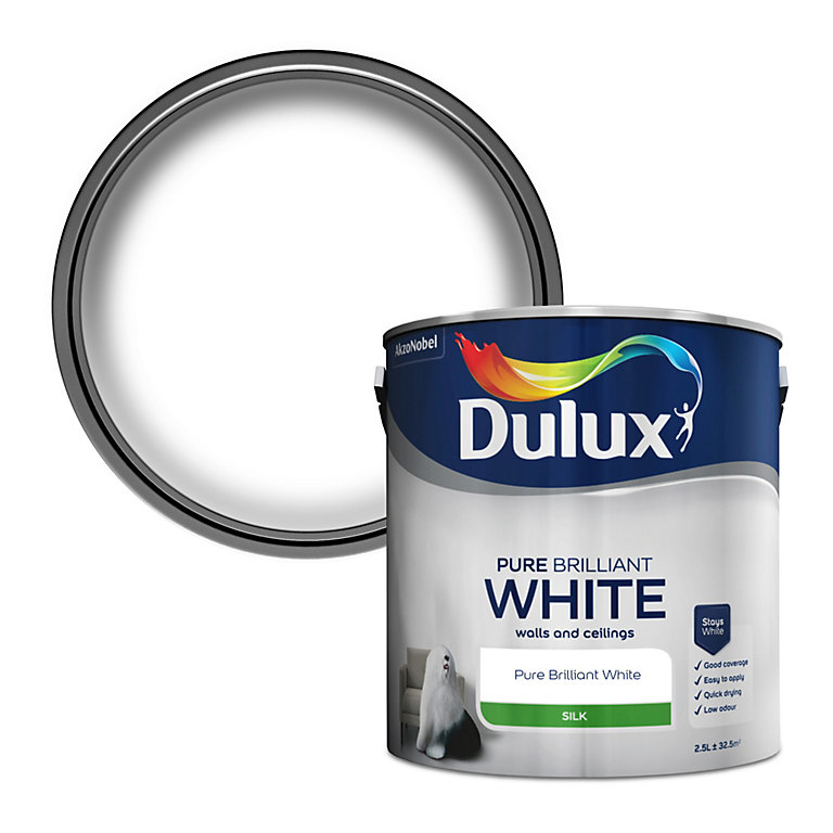 Image of Dulux Pure brilliant white Silk Emulsion paint, 2.5L
