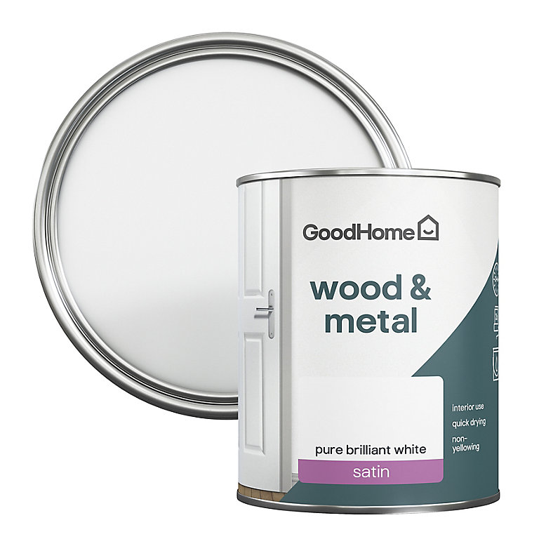 Product image for GoodHome Pure Brilliant White Satinwood Metal & wood paint, 750ml