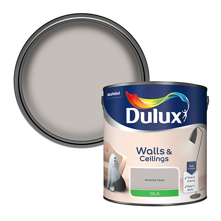 Product image for Dulux Walls & ceilings Perfectly taupe Silk Emulsion paint, 2.5L