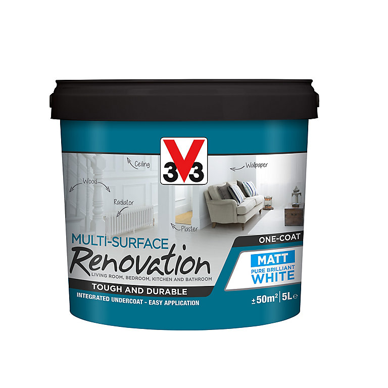 Product image for V33 Renovation Pure brilliant white Matt Multi-surface paint, 5L
