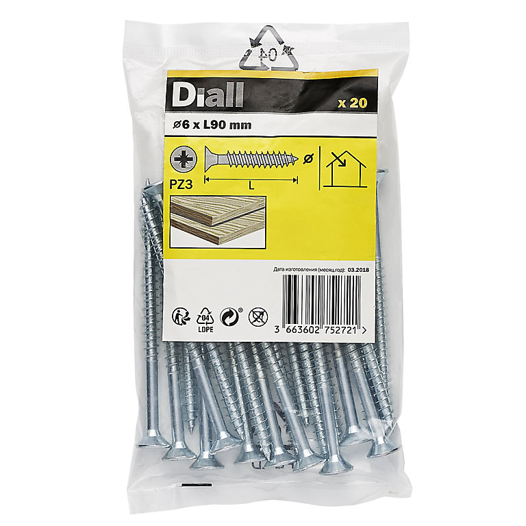 Image of Diall Zinc-plated Carbon steel Screw (Dia)6mm (L)90mm, Pack of 20
