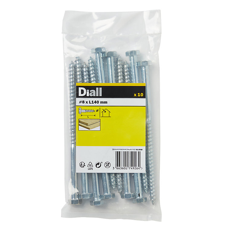Image of Diall Hex Zinc-plated Carbon steel Coach screw (Dia)8mm (L)140mm, Pack of 10