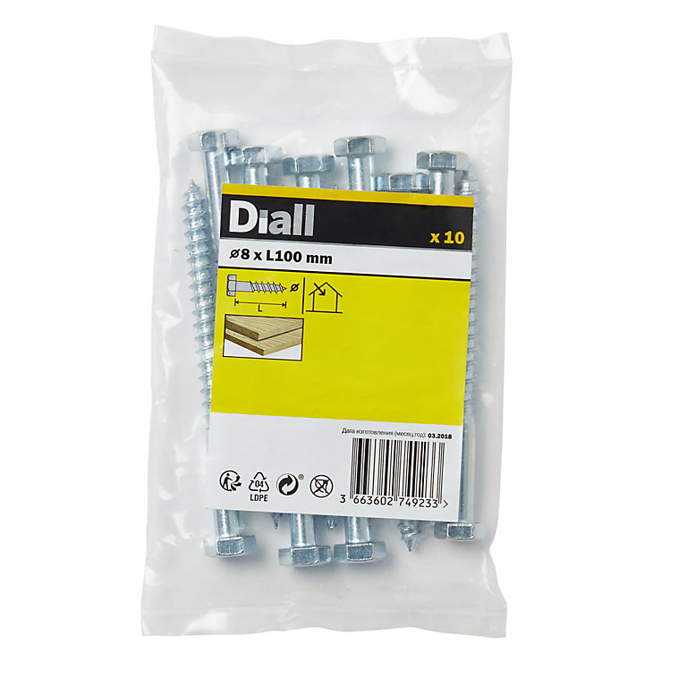 Image of Diall Hex Zinc-plated Carbon steel Coach screw (Dia)8mm (L)100mm, Pack of 10