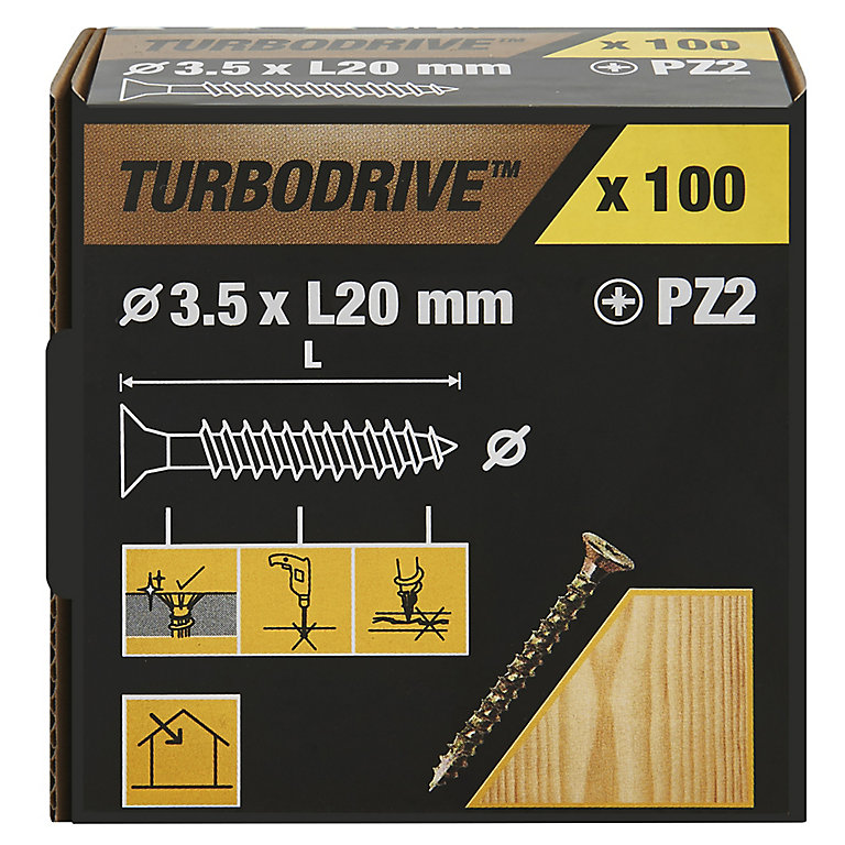 Image of TurboDrive Pozidriv Yellow-passivated Steel Screw (Dia)3.5mm (L)20mm, Pack of 100