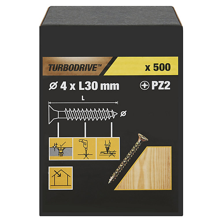 Image of TurboDrive Pozidriv Yellow-passivated Steel Screw (Dia)4mm (L)30mm, Pack of 500