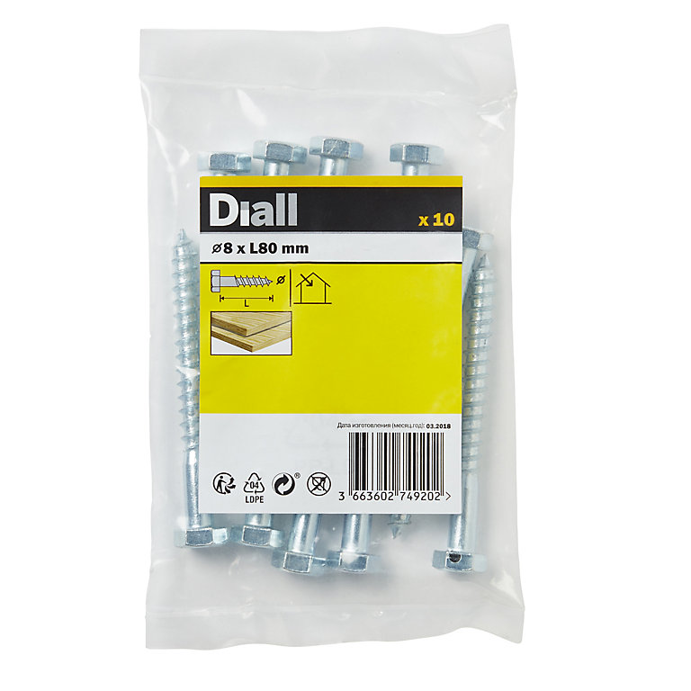 Image of Diall Hex Zinc-plated Carbon steel Coach screw (Dia)8mm (L)80mm, Pack of 10