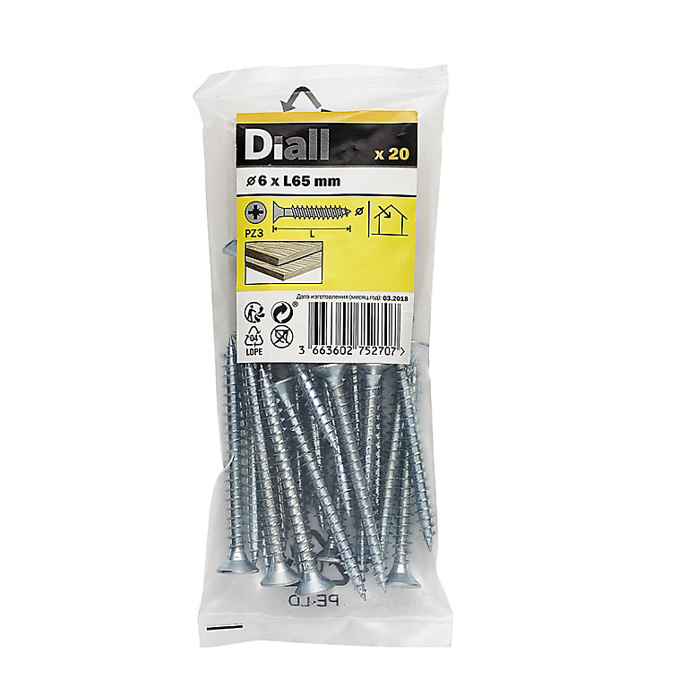 Image of Diall Zinc-plated Carbon steel Screw (Dia)6mm (L)65mm, Pack of 20