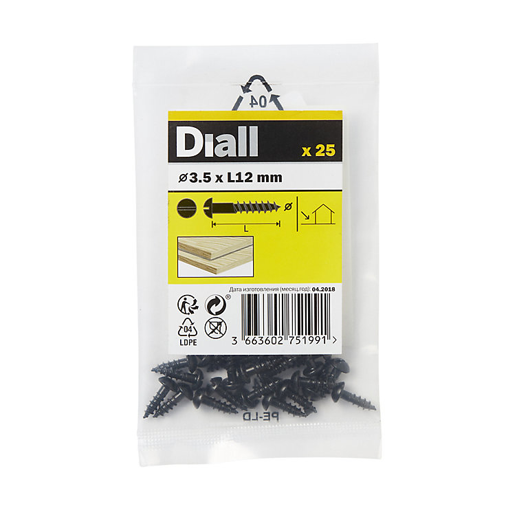 Image of Diall Cylindrical Carbon steel Screw (Dia)3.5mm (L)12mm, Pack of 25