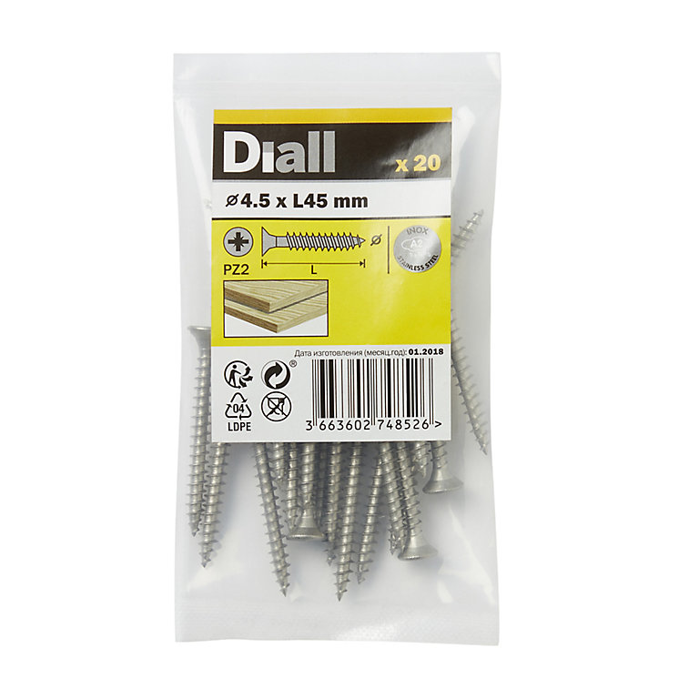 Image of Diall Pozidriv Stainless steel Screw (Dia)4.5mm (L)45mm, Pack of 20