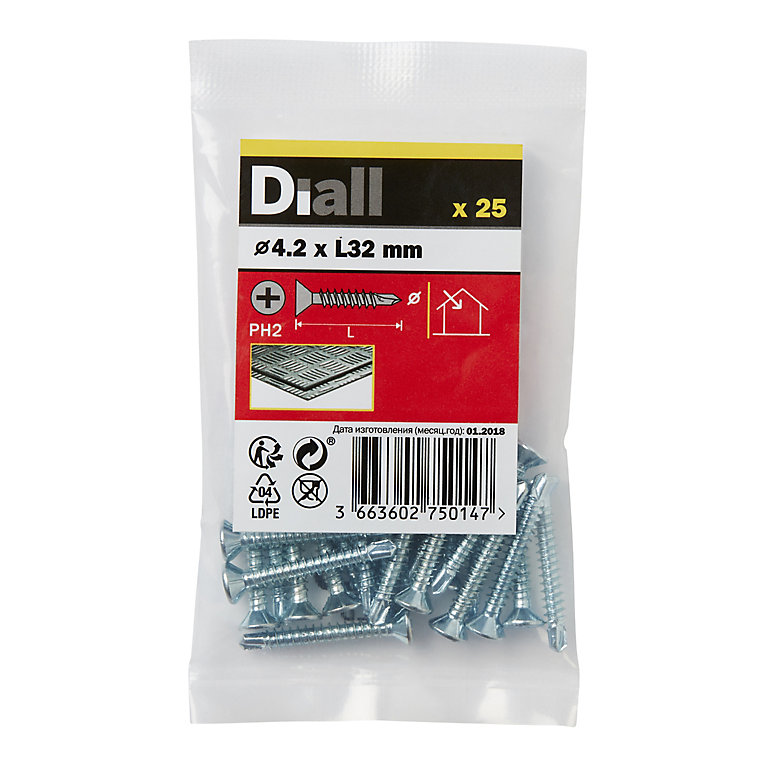 Image of Diall Phillips Countersunk Zinc-plated Carbon steel (C1022) Self-drilling screw (Dia)4.2mm (L)32mm, Pack of 25