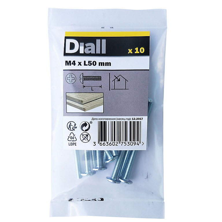 Image of Diall Pan head Zinc-plated Carbon steel Drawer knob Screw (Dia)4mm (L)50mm, Pack of 10