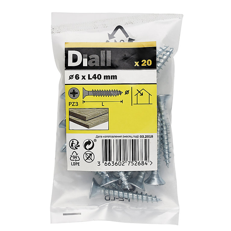 Image of Diall Zinc-plated Carbon steel Screw (Dia)6mm (L)40mm, Pack of 20