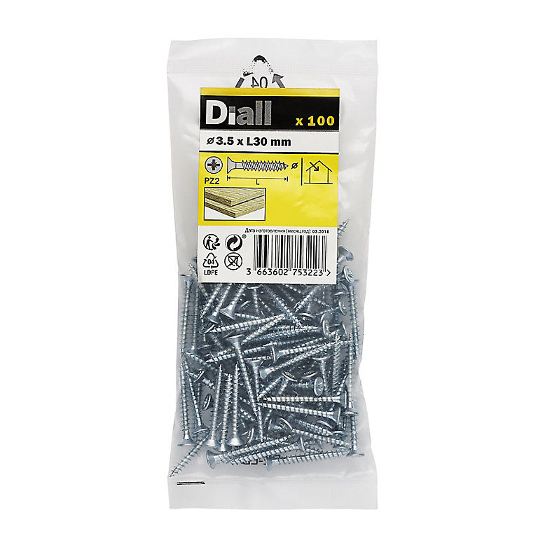 Product image for Diall Zinc-plated Carbon steel Screw (Dia)3.5mm (L)30mm, Pack of 100