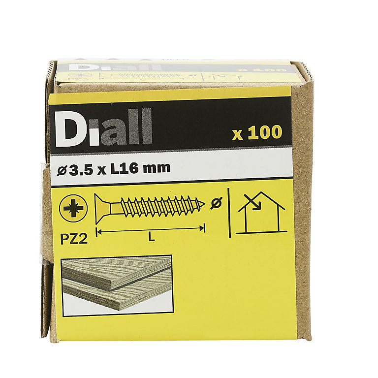 Product image for Diall PZ Double-countersunk Yellow-passivated Steel Wood screw (Dia)3.5mm (L)16mm, Pack of 100