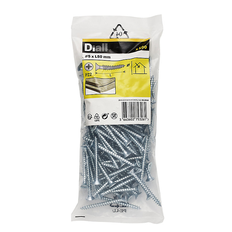 Image of Diall Zinc-plated Carbon steel Screw (Dia)5mm (L)50mm, Pack of 100