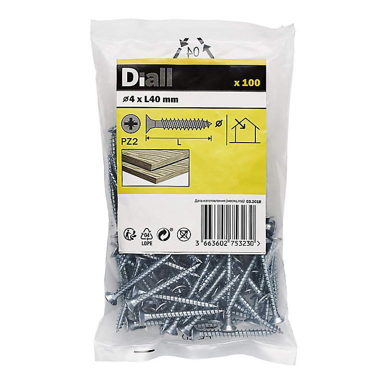 Image of Diall Zinc-plated Carbon steel Screw (Dia)4mm (L)40mm, Pack of 100