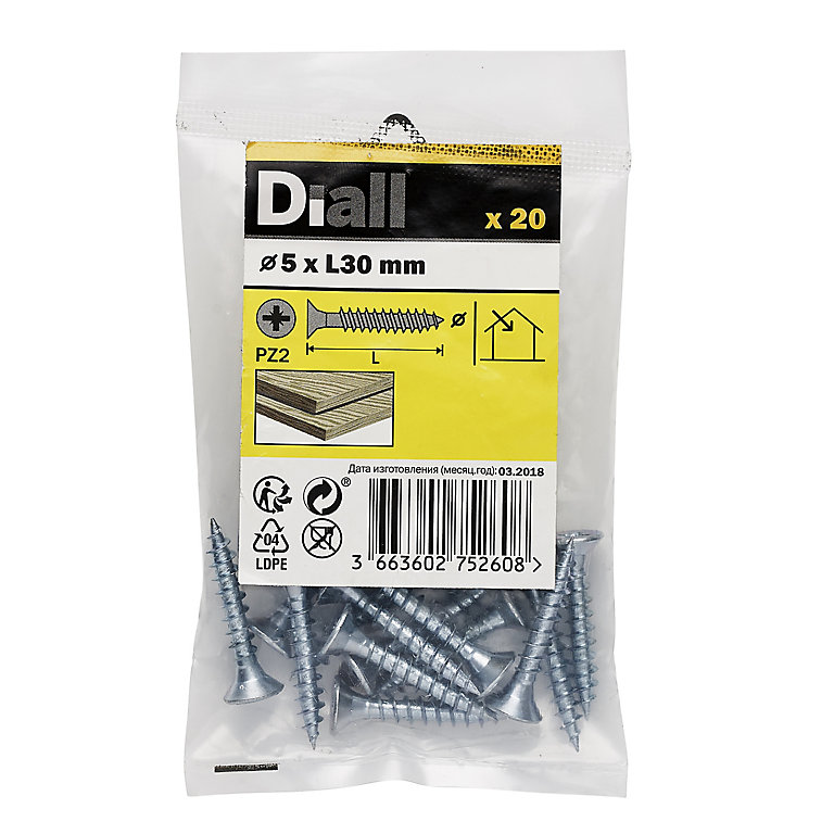 Image of Diall Zinc-plated Carbon steel Screw (Dia)5mm (L)30mm, Pack of 20