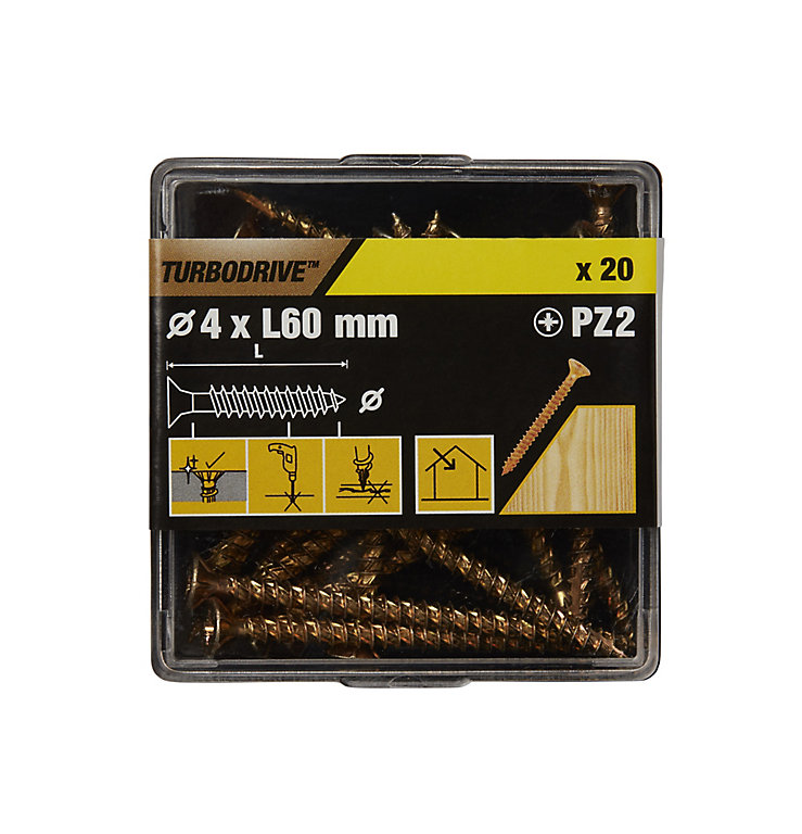 Image of TurboDrive Pozidriv Yellow-passivated Steel Screw (Dia)4mm (L)60mm, Pack of 20