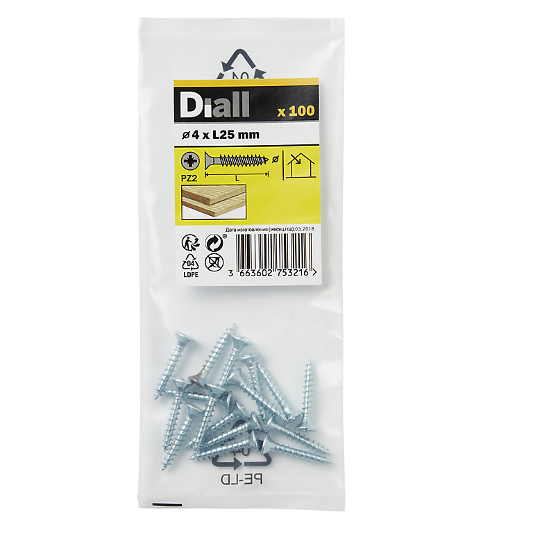 Image of Diall Zinc-plated Carbon steel Screw (Dia)4mm (L)25mm, Pack of 100