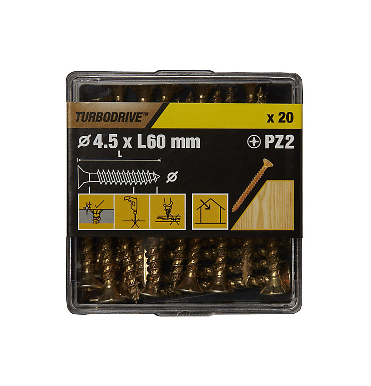 Product image for TurboDrive Pozidriv Yellow-passivated Steel Screw (Dia)4.5mm (L)60mm, Pack of 20