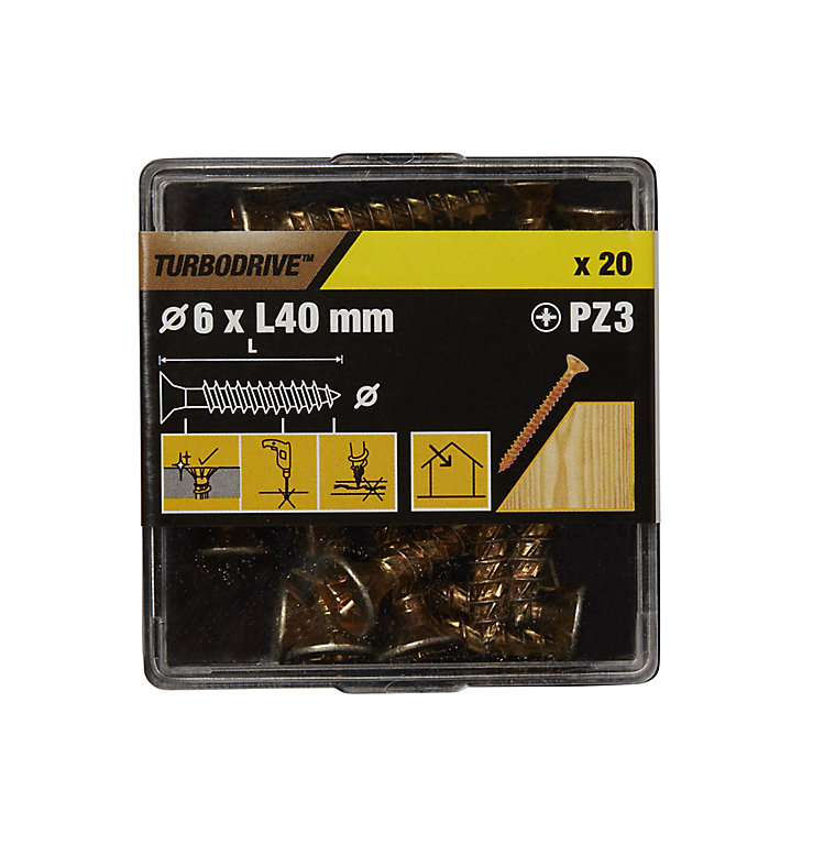 Image of TurboDrive Pozidriv Yellow-passivated Steel Screw (Dia)6mm (L)40mm, Pack of 20