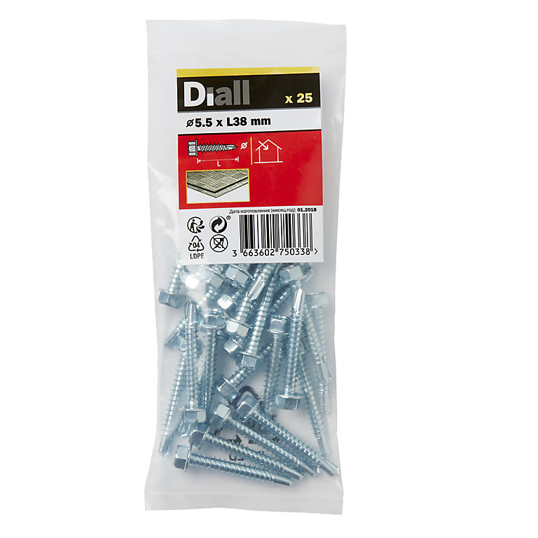 Image of Diall Hex Zinc-plated Carbon steel Screw (Dia)5.5mm (L)38mm, Pack of 25