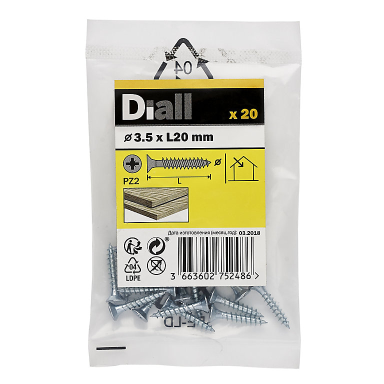 Image of Diall Zinc-plated Carbon steel Screw (Dia)3.5mm (L)20mm, Pack of 20