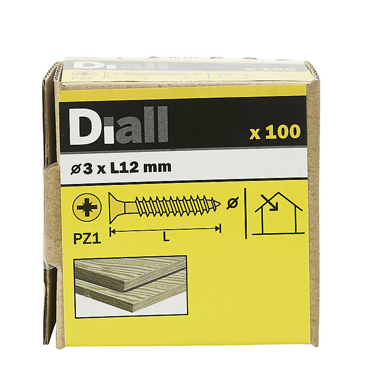Product image for Diall PZ Double-countersunk Yellow-passivated Steel Wood screw (Dia)3mm (L)12mm, Pack of 100