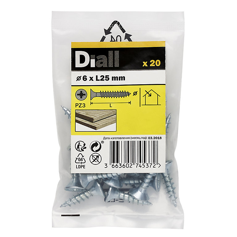 Image of Diall Zinc-plated Carbon steel Screw (Dia)6mm (L)25mm, Pack of 20
