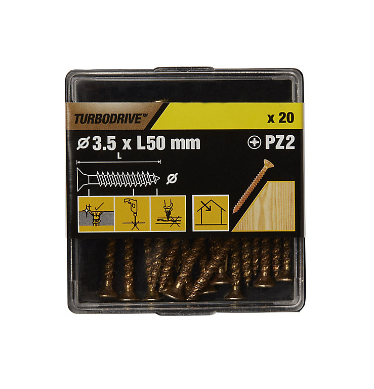 Image of TurboDrive Pozidriv Yellow-passivated Steel Screw (Dia)3.5mm (L)50mm, Pack of 20