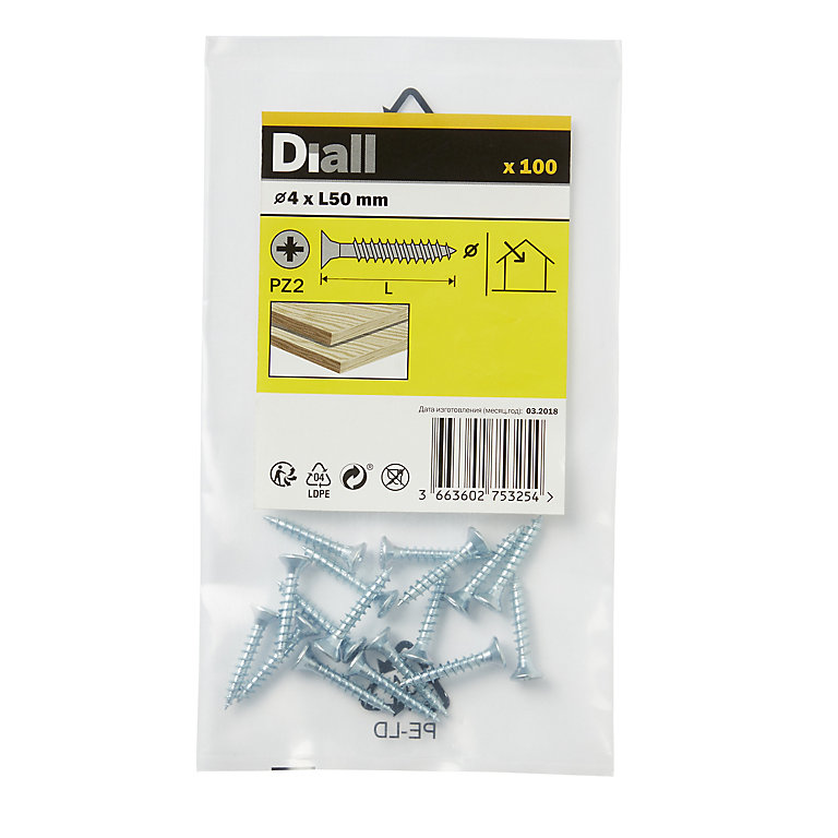 Product image for Diall Zinc-plated Carbon steel Screw (Dia)4mm (L)50mm, Pack of 100