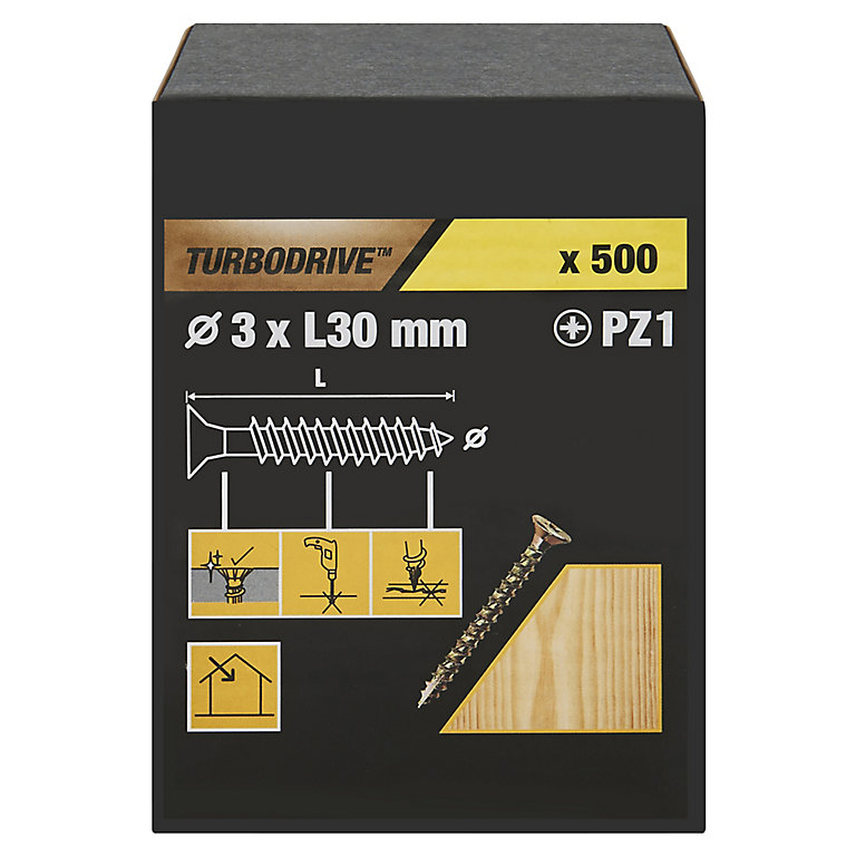 Image of TurboDrive Pozidriv Yellow-passivated Steel Screw (Dia)3mm (L)30mm, Pack of 500