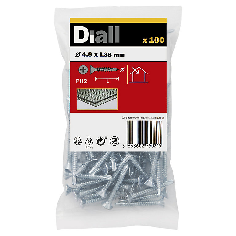 Image of Diall Countersunk Zinc-plated Carbon steel Screw (Dia)4.8mm (L)38mm, Pack of 100