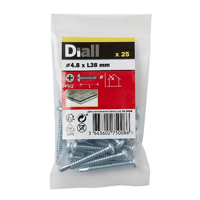 Image of Diall Phillips Pan head Zinc-plated Carbon steel (C1022) Self-drilling screw (Dia)4.8mm (L)38mm, Pack of 25