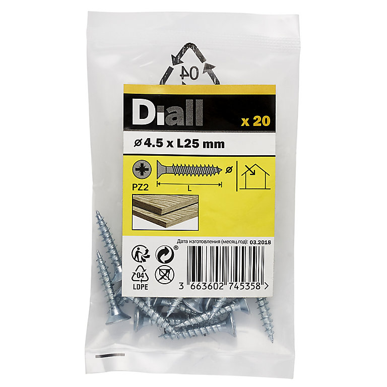 Image of Diall Zinc-plated Carbon steel Screw (Dia)4.5mm (L)25mm, Pack of 20
