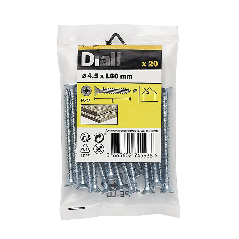 Image of Diall Zinc-plated Carbon steel Screw (Dia)4.5mm (L)60mm, Pack of 20