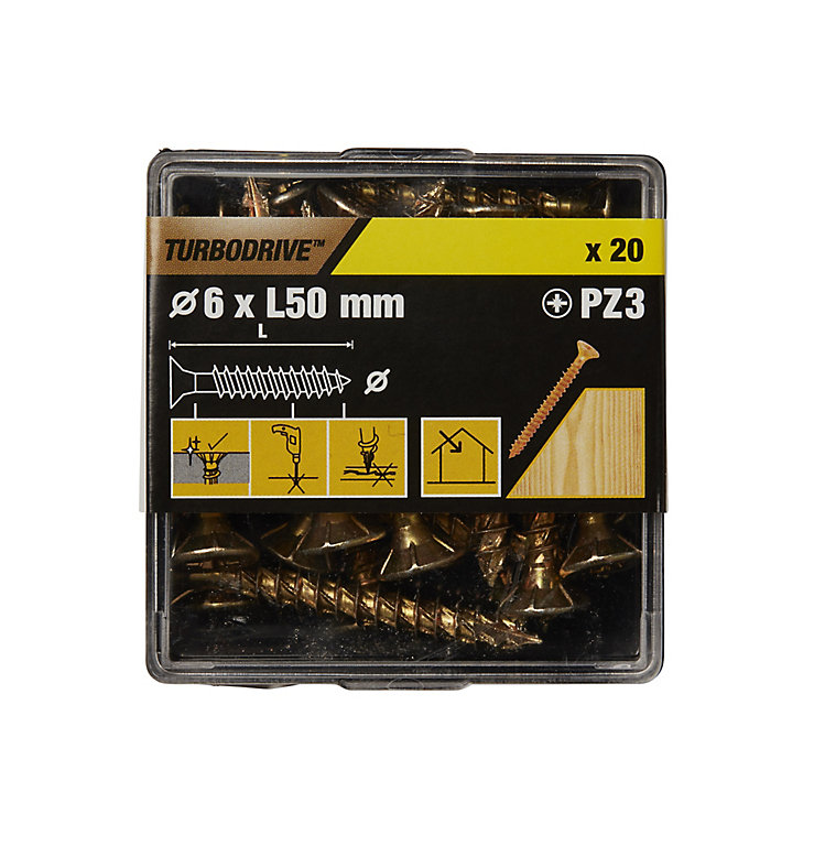 Product image for TurboDrive Pozidriv Yellow-passivated Steel Screw (Dia)6mm (L)50mm, Pack of 20