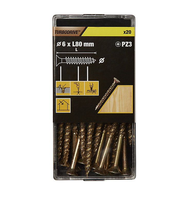 Product image for TurboDrive Pozidriv Yellow-passivated Steel Screw (Dia)6mm (L)80mm, Pack of 20