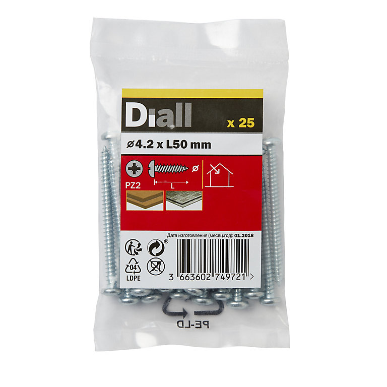 Image of Diall Pozidriv Pan head Zinc-plated Carbon steel Screw (Dia)4.2mm (L)50mm, Pack of 25