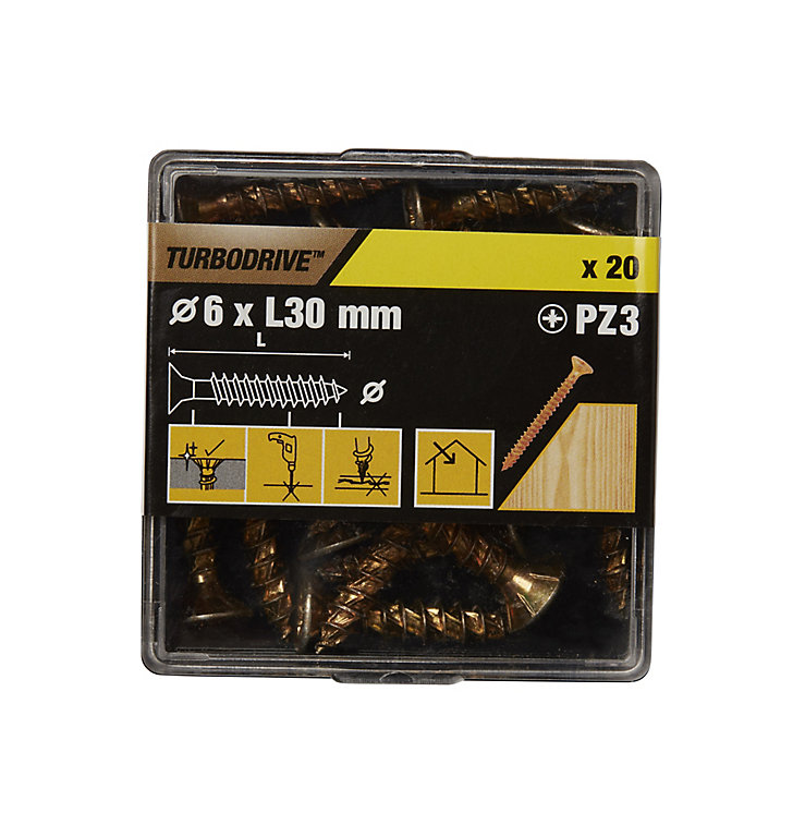 Product image for TurboDrive Pozidriv Yellow-passivated Steel Screw (Dia)6mm (L)30mm, Pack of 20